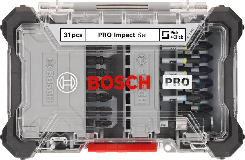 Komplet svedrov s 31 deli v prozorni škatli, „PRO Impact Set" podjetja Bosch. Vsebuje različne nastavke, idealen za profesionalno uporabo.