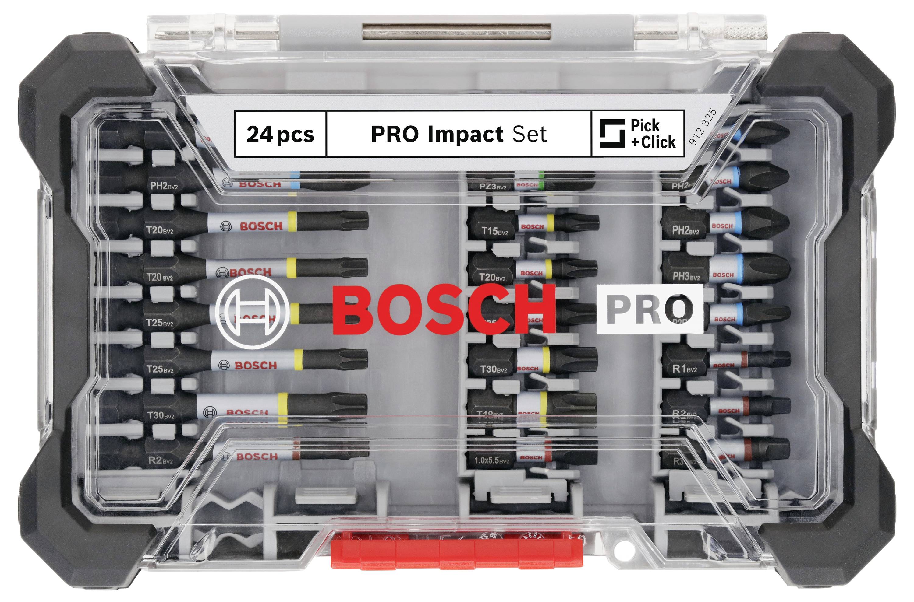 'Bosch PRO set udarnih nastavkov, 24-delni, Pick & Click, v prozorni plastični škatli z različnimi vijačnimi nastavki.'