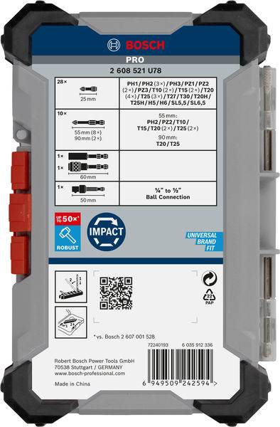 'Bosch Pro' komplet vijačnikov: Seznam nastavkov (PH, PZ, T, TX) zgoraj. Spodaj logotipi za obstojnost in blagovno znamko.