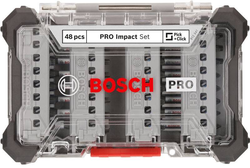 Komplet Bosch PRO Impact vsebuje 48 delov v prozorni škatli. Blagovna znamka v rdeči barvi, primerna za sistem Pick-and-Click.