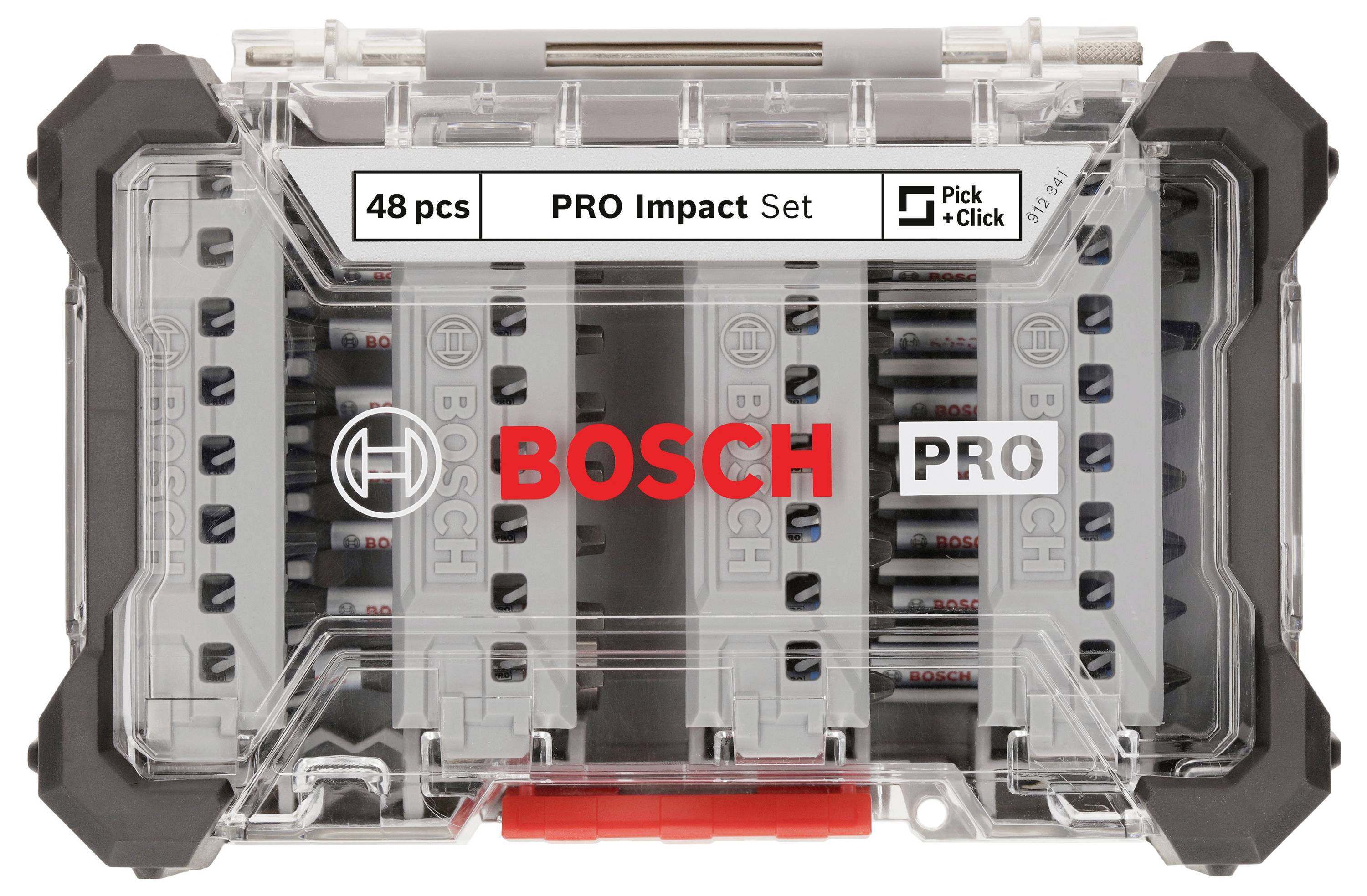 Slika prikazuje Bosch PRO Impact Set, ki sestoji iz 48 delov v prozorni, robustni škatli s črnimi vogali.