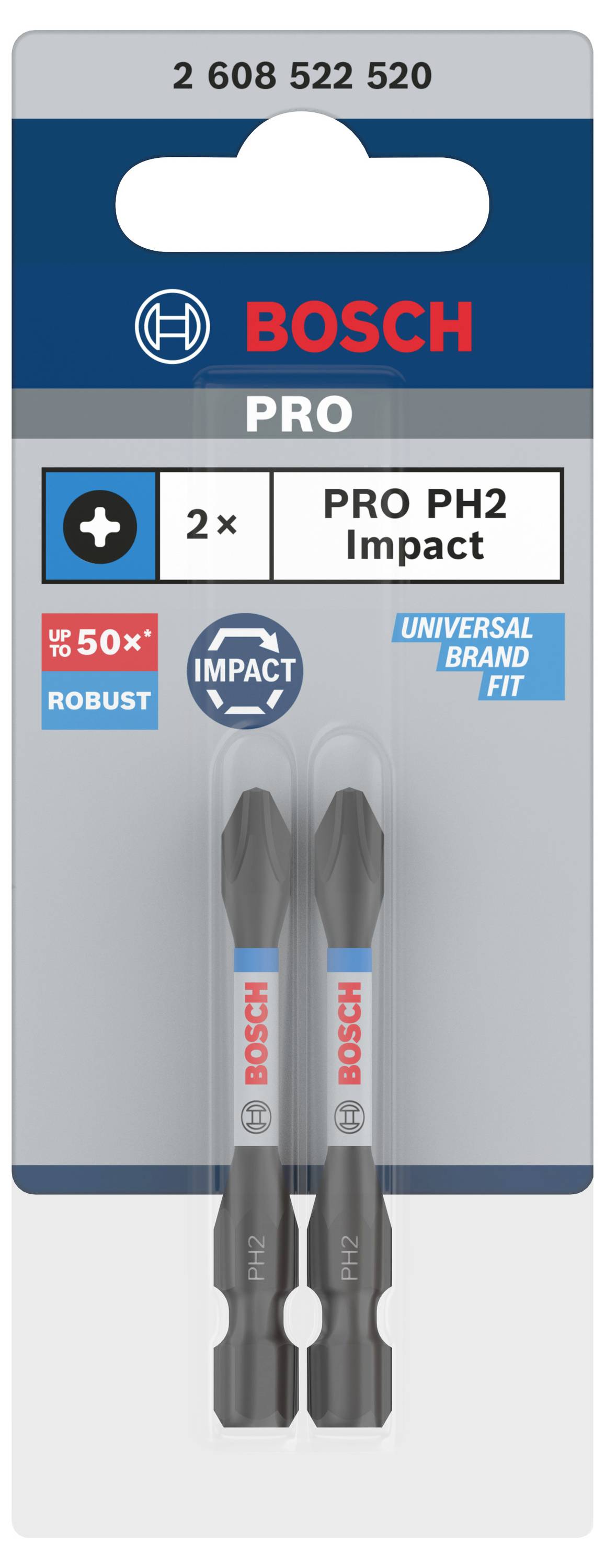 Komplet vijačnih nastavkov Bosch PRO PH2 Impact, 2-delni, trpežen, primeren za univerzalne znamke. Embalaža prikazuje nastavke in logotip blagovne znamke.