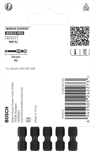 Embalaža Bosch vrtalnega nastavka. Vsebuje QR-kodo, črtne kode in specifikacije: Dolžina 55 mm, modelna številka 2 607 001 528. Izdelano na Kitajskem.