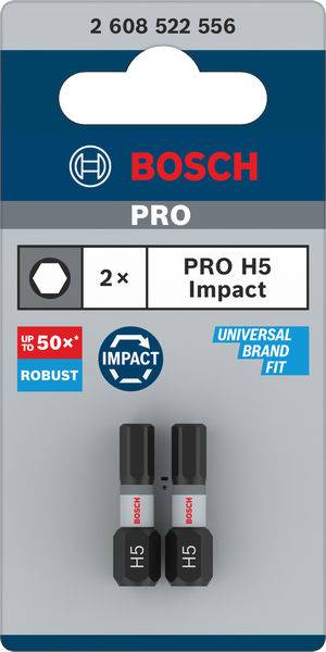 Embalaža Bosch PRO H5 udarnih nastavkov, 2 kosa, za robustno uporabo. Vsebuje simbole, ki označujejo 50-kratno zmogljivost in univerzalno združljivost.
