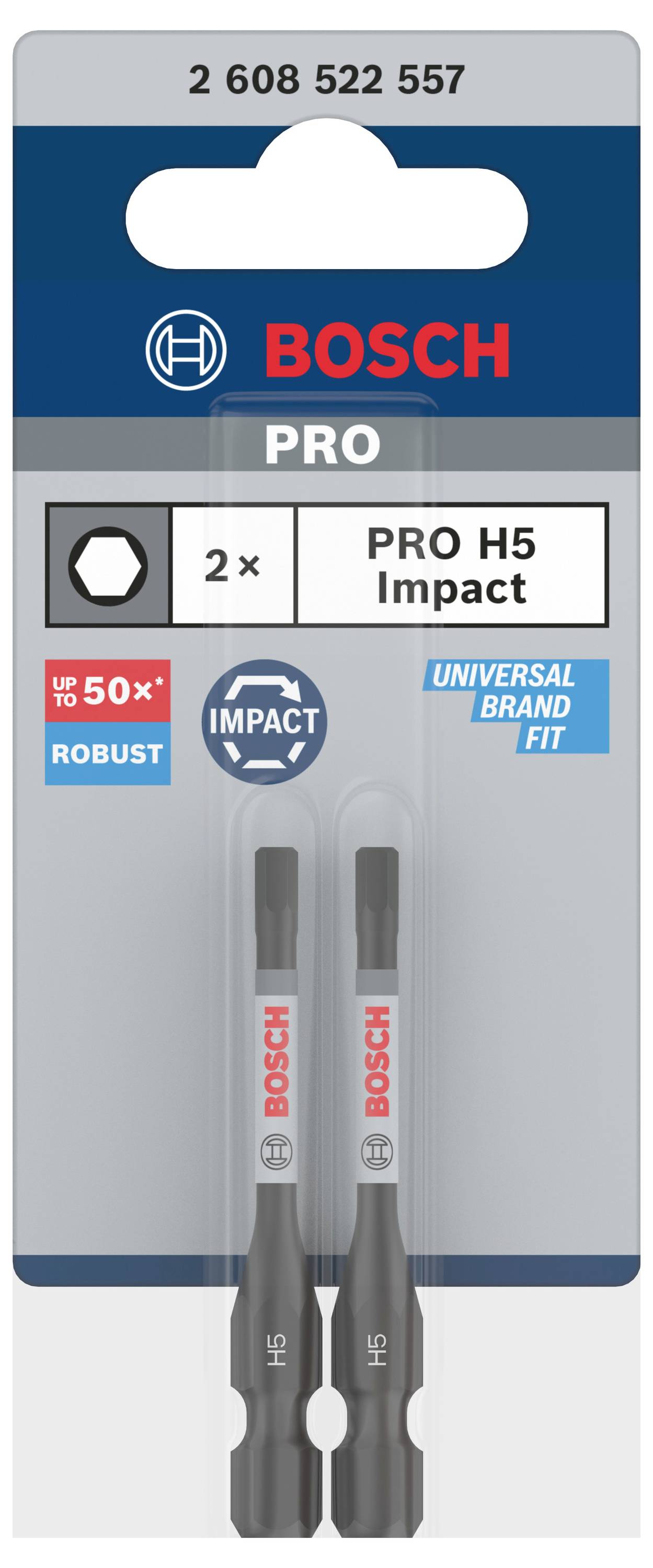 'Bosch PRO H5 Impact' embalaža z dvema šesterokotnikoma vijačnikoma, robustna, za univerzalno prilagajanje blagovne znamke.