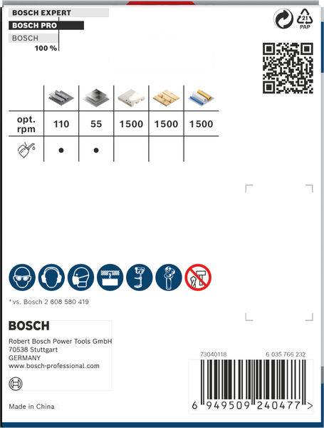 Boschevi tipi žaginih listov, premer: opt. 110, 55, 1500 obr./min za les. Ikone materialov in opozorilni simboli spodaj.