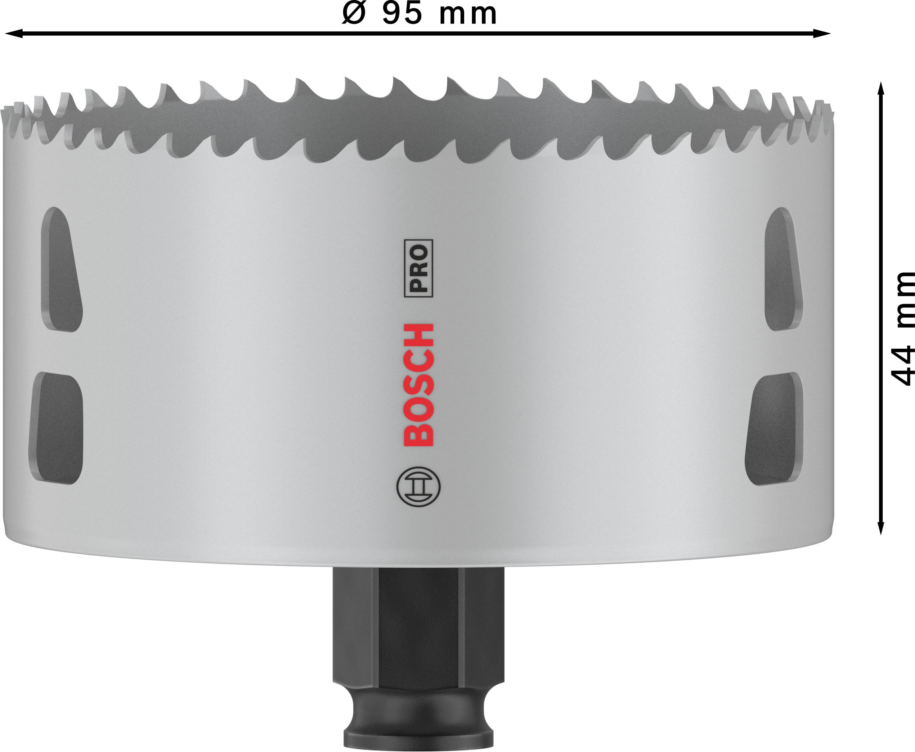 Siva luknjasta žaga Bosch s premerom 95 mm in višino 44 mm, primerna za profesionalno uporabo.