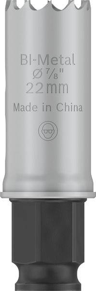 Siv bi-kovinski nastavek za žago s premerom 22 mm, z napisom 'Made in China'. Primeren za dela z kovino in lesom.