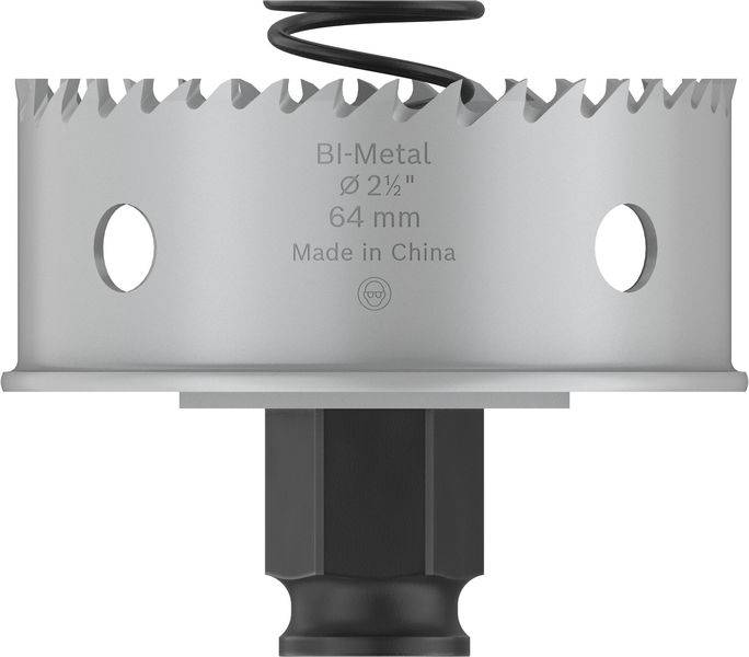Žagina krona iz bi-metala, premera 64 mm, napis 'BI-Metal Ø 2½" 64 mm Made in China', srebrne barve z nazobčanim rezilnim robom.