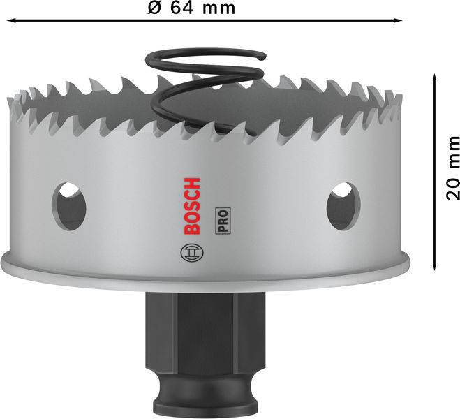 Kovinska luknjasta žaga Bosch Pro, Ø 64 mm, višina 20 mm, opremljena z ostrimi zobmi, za natančno vrtanje v kovinske površine.