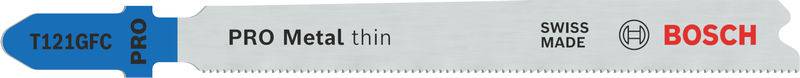Kovinsko žarilno rezilo z modrim vrhom. Napis: 'PRO Metal thin SWISS MADE BOSCH'. Primerno za natančno rezanje kovine.