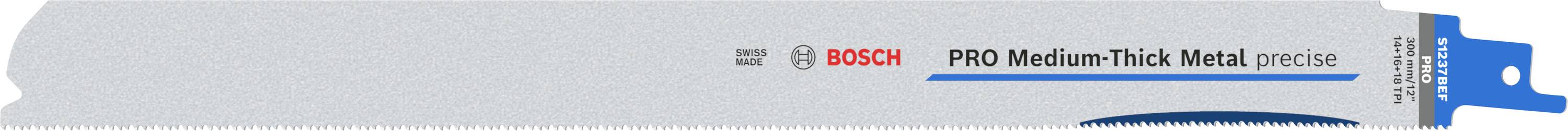 Žagin list z napisom 'BOSCH PRO Medium Thick Metal'. Primeren za rezanje srednjedebelih kovinskih materialov.
