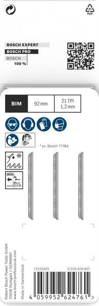 Embalaža Bosch žage. Navedeno: dolžina 92 mm, 21 TPI, debelina 1,2 mm. Primerno za les in kovino. Oznaka 'Expert'.