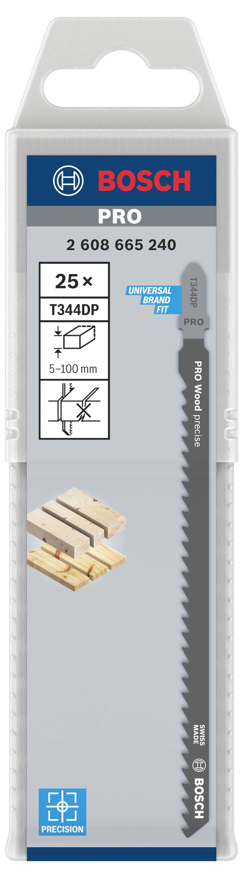 Embalaža Bosch PRO listnih žag, model T344DP, za rezanje lesa 5-100 mm, 25 kosov. Embalaža prikazuje sliko žaginega lista in primer uporabe.