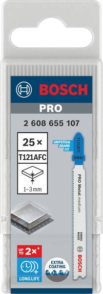 Žagin list Bosch PRO, model T121AFC, 25 kosov, primeren za materiale debeline 1–3 mm, z dodatno prevleko za daljšo življenjsko dobo.