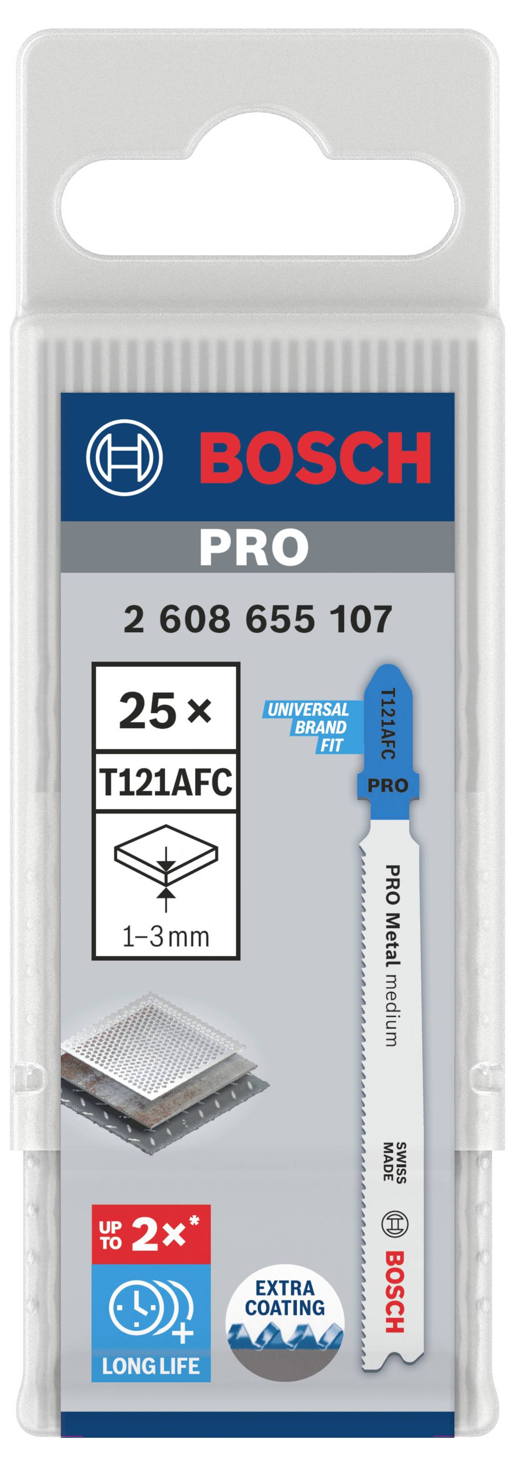 Embalaža rezila Bosch vbodne žage, model T121AFC, za reze debeline 1-3 mm. Vsebuje 25 rezil, oglaševano z dolgo življenjsko dobo.
