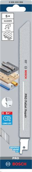 Pakiranje z žaginim listom 'Bosch PRO PrfXl'. Primerno za les in kovino. Vsebuje ilustracije uporabe.