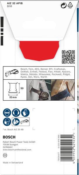 Embalaža žage Bosch, primerna za različne stroje. QR-koda zgoraj desno, opis izdelka in ilustracija na sredini, podatki o proizvajalcu spodaj.