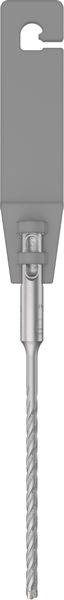 Srebrn sveder z sivo vpenjalno glavo zgoraj, primeren za vrtanje trdih materialov.