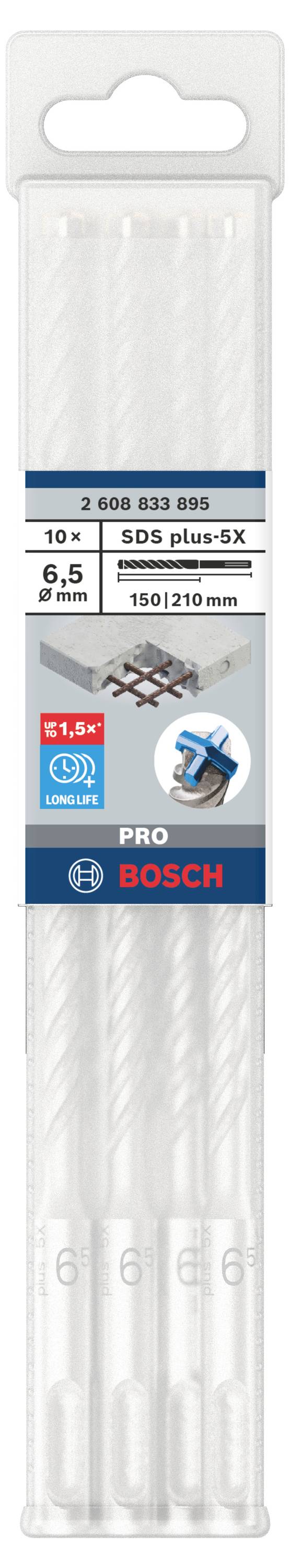 Komplet svedrov Bosch SDS Plus 5 GX, 10 kosov, premer 6,5 mm, dolžina 150/210 mm za beton in zidne materiale.