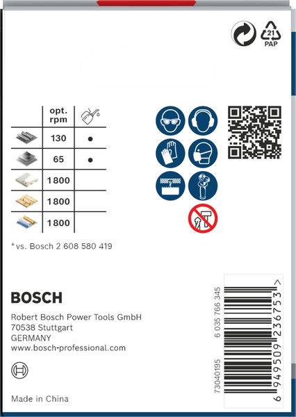 Navodila za uporabo orodja Bosch s simboli varnostnih ukrepov, kot so rokavice in zaščitna očala. Vsebuje QR-kodo, kontaktni naslov in črtno kodo.