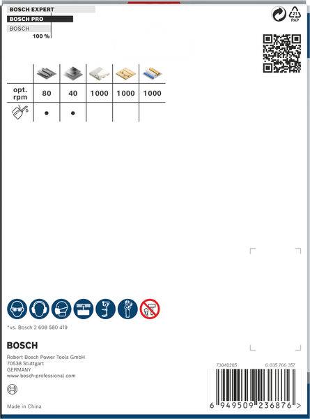 Nalepka na embalaži z informacijami in simboli za žaginega lista. Blagovna znamka 'Bosch'. Vsebuje podrobnosti o izdelku, črtno kodo in kontaktne informacije.