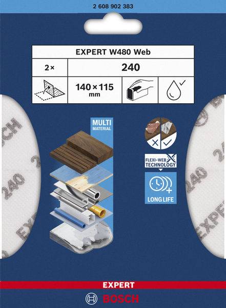 Na embalaži piše 'EXPERT W480 Web', primeren za suho in mokro brušenje, dimenzije 140 x 115 mm, granulacija 240, za prikaz materialov.
