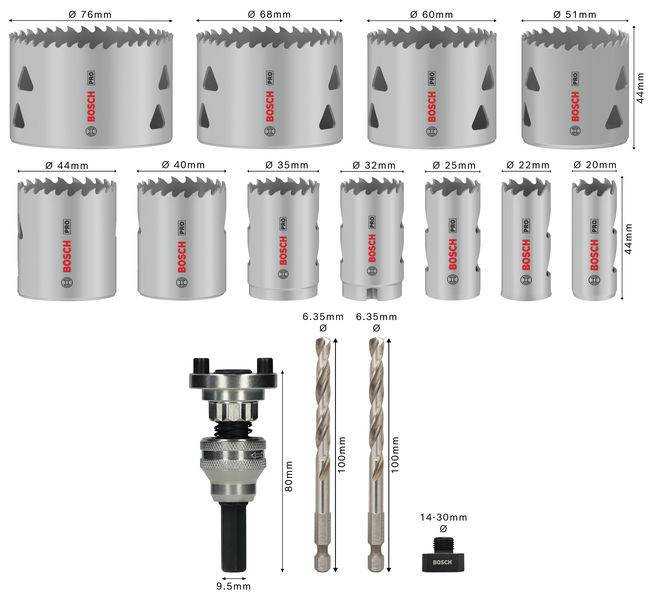Komplet žaginih svedrov z različnimi velikostmi (od 20 mm do 76 mm), dva svedra, adapter in držalo za žago. Primeren za različne materiale.