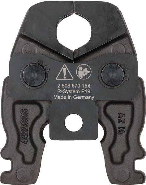 Črna krimping klešča z varnostnim opozorilnim simbolom, napis '2 608 570 154 R-System P19, Made in Germany'.