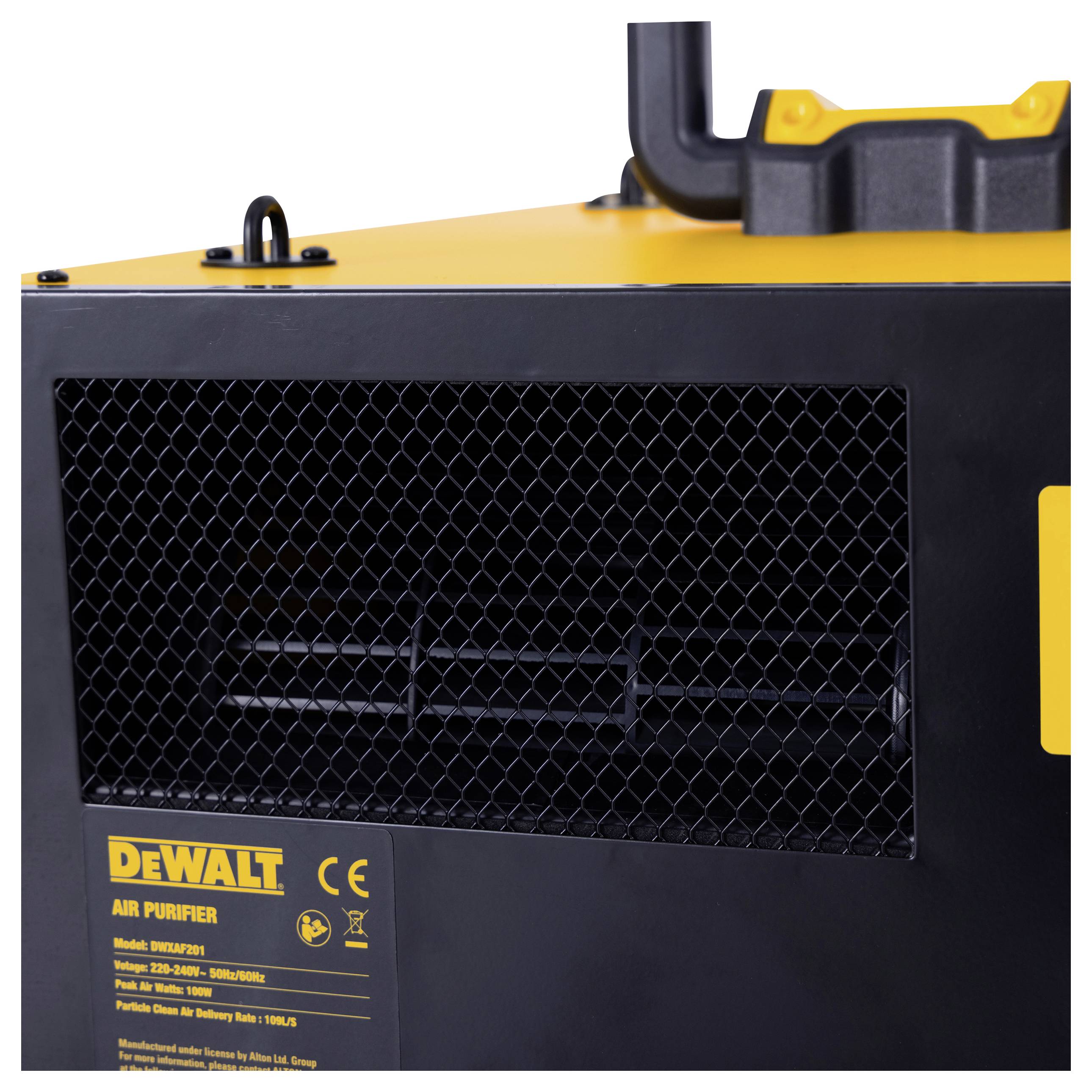Čistilec zraka Dewalt, ohišje v črno-rumeni barvi z prezračevalnimi rešetkami, model DWFP95L; primeren za industrijske aplikacije.