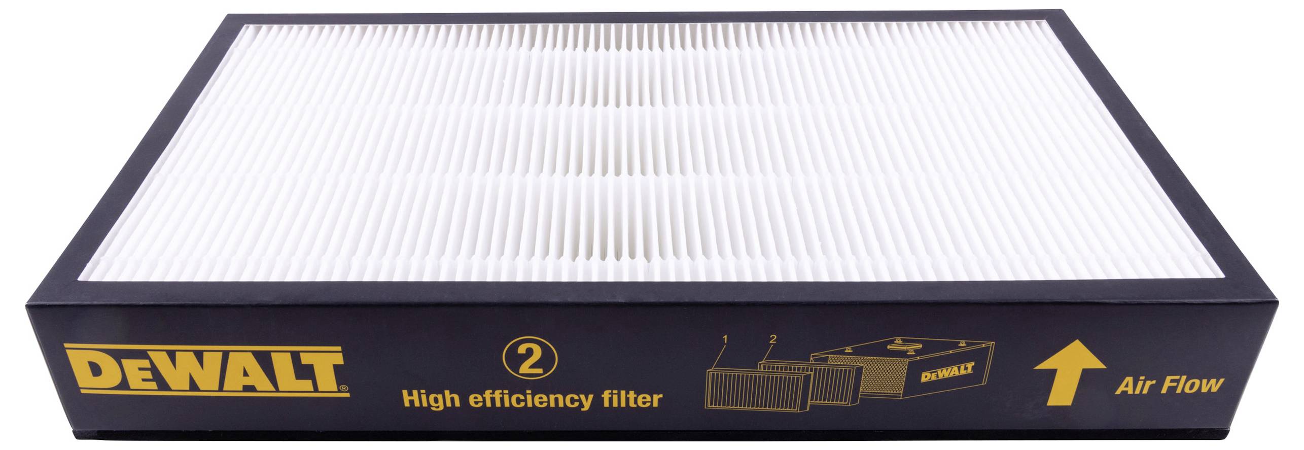Pravokoten zračni filter v črnem nosilcu z rumenim logotipom 'DEWALT', označen kot 'Filter visoke učinkovitosti'.