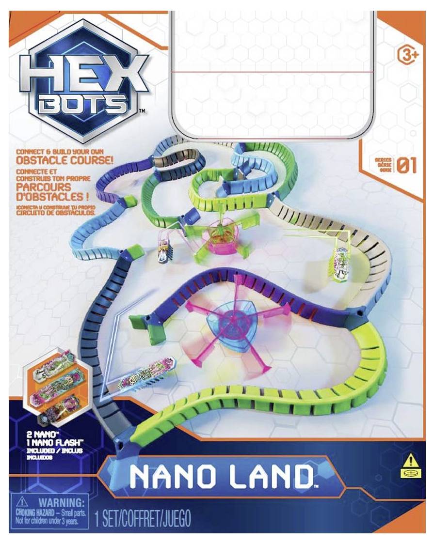 Komplet Hex Bugs Nano Land z zavitimi progami. Primerno za otroke od 3. let dalje. Vsebuje dva nano-žuželčna robota in oviran poligon.