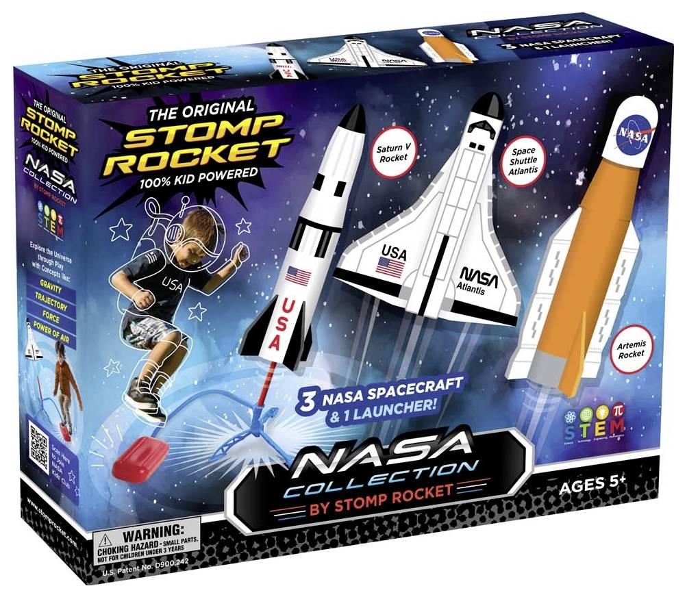 Komplet NASA Stomp Rocket pakiranje prikazuje tri vesoljska vozila: Saturn V, vesoljsko ladjo Atlantis in raketo Artemis. Primerno za otroke od 5. leta starosti.