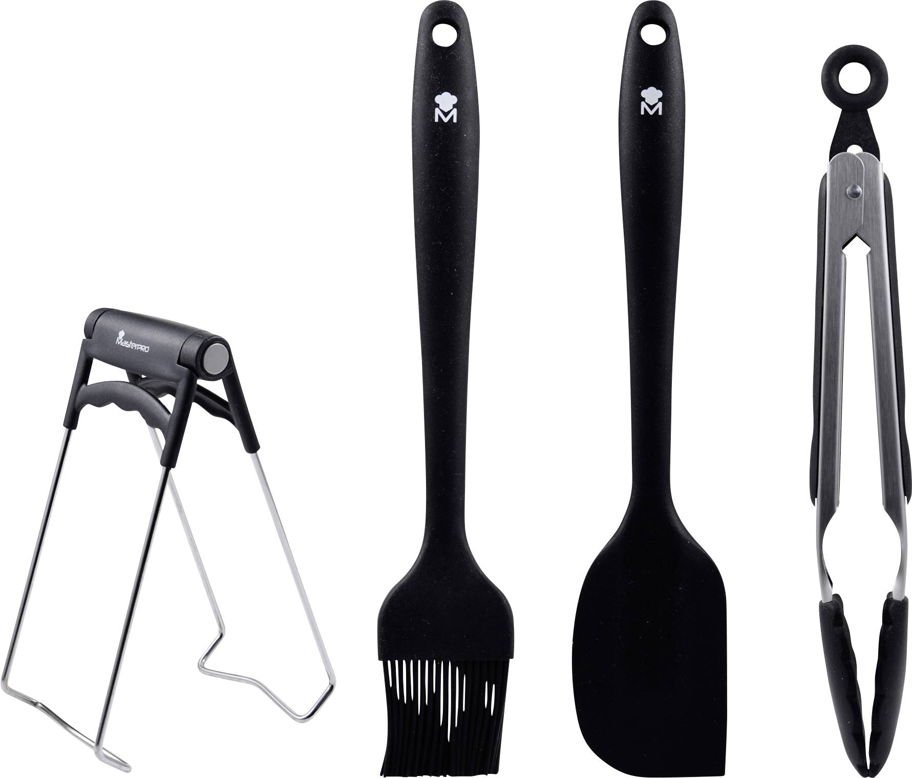 Set orodja za žar, ki sestoji iz pekača za piščanca, čopiča za mazanje, obračalnika in klešč za žar, izdelanih iz črnega plastičnega in kovinskega materiala.