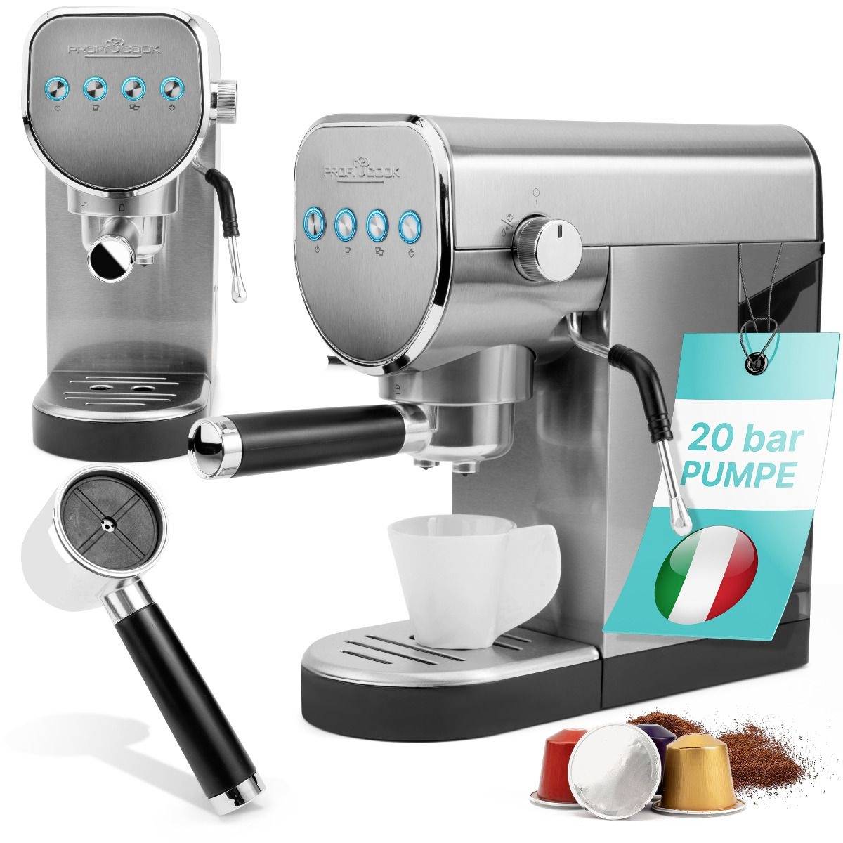 Espresso aparat v nerjavečem jeklu z nosilcem sita, odlagališčem za skodelice, 20-bar črpalko. Vključuje kavni prašek in kapsule, italijansko zastavo.