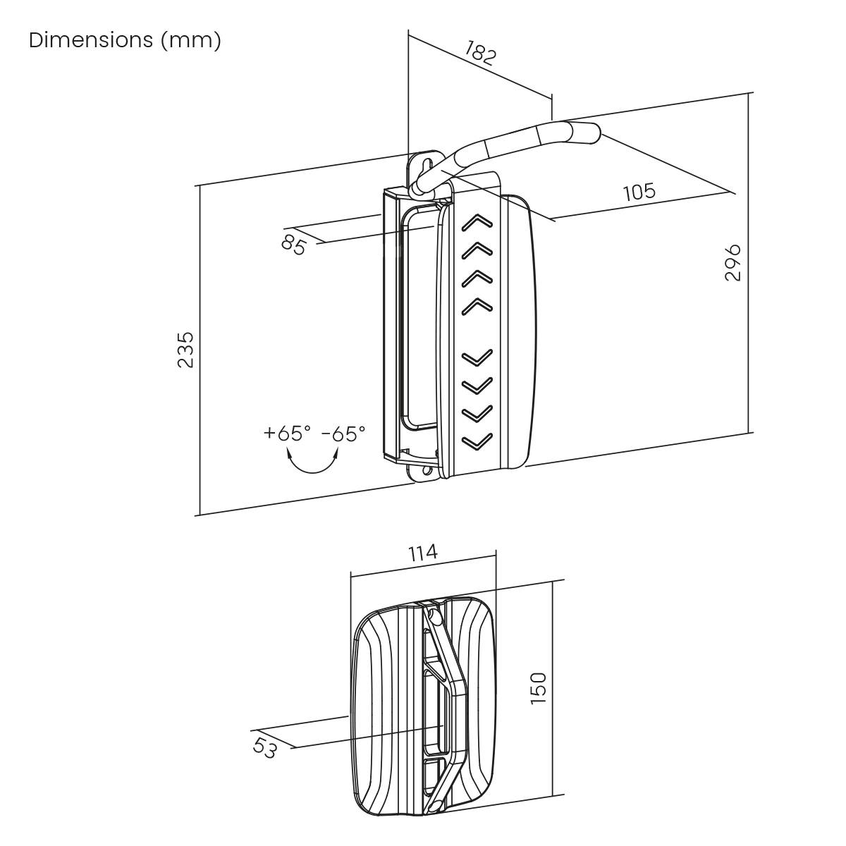 Tehnična risba ohišja z dimenzijami: višina 235 mm, globina 105 mm, širina 114 mm. Nastavljiv pod kotom od +65° do -65°.