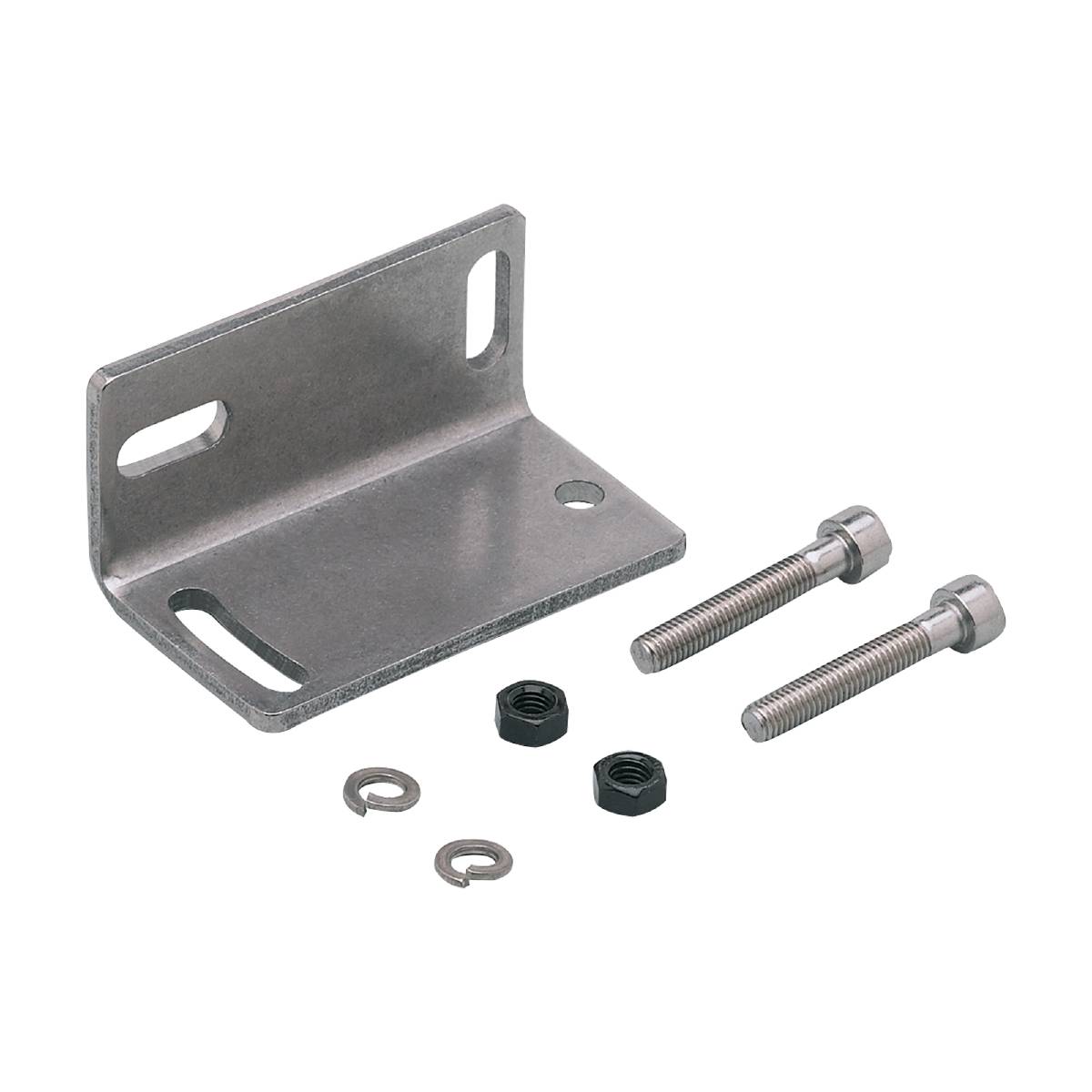 Kovinski kotnik z dvema vijadoma, maticama in podložkami na črni podlagi. Primeren za povezovalne ali pritrjevalne namene.