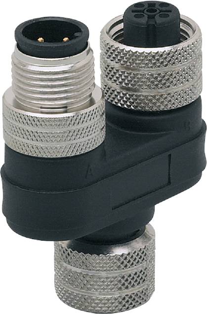Pravokoten kovinski adapter, ki povezuje dva cevi, z narebrenim ročajem za trdno oprijemanje in črnim plastičnim ohišjem.