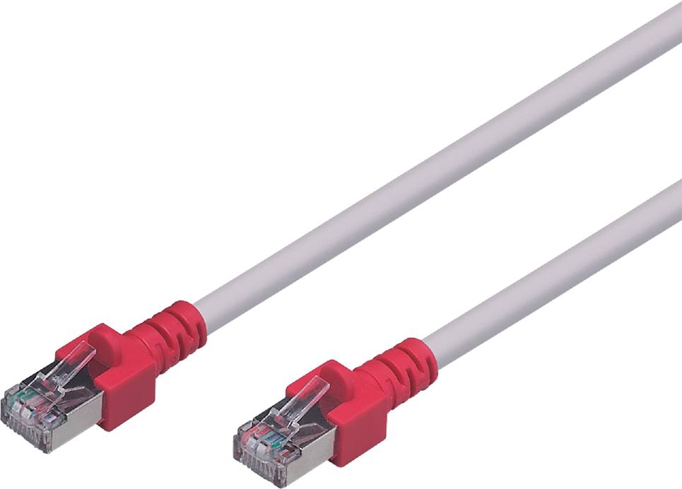 Rdeč Ethernet kabel z RJ45 priključkoma na obeh koncih, primeren za omrežne povezave.