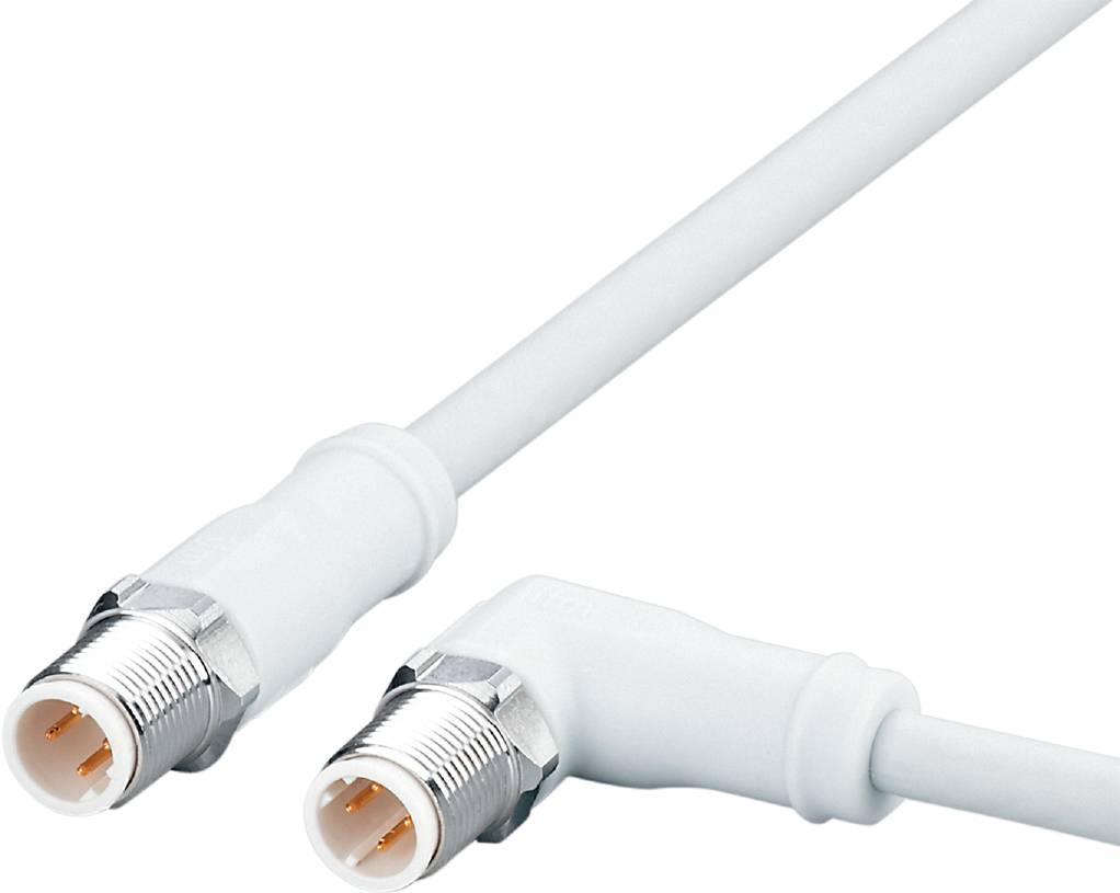 Belo koaksialno kabel z dvema kovinskima priključkoma; kabel je ukrivljen pod pravim kotom.