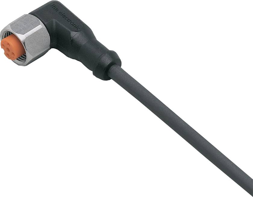 Črn pravokoten konektor podjetja ifm electronic s sivim vtičnim delom, pritrjen na črn kabel.