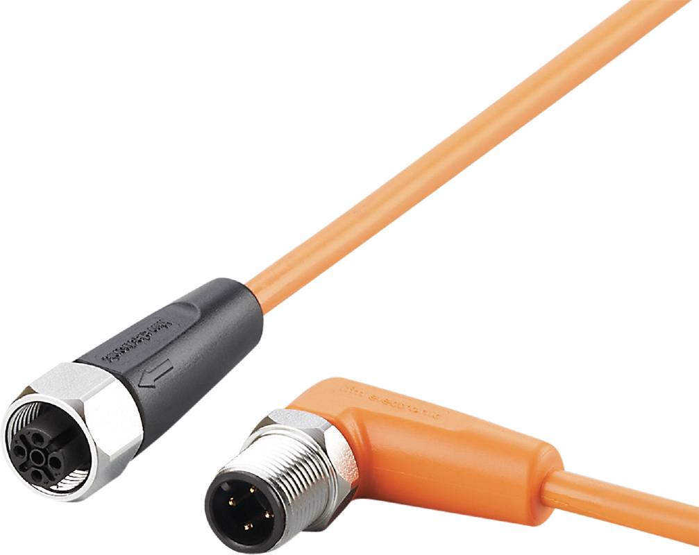 Oranžni koaksialni kabel z pravokotnim kovinskim vtičem in linearnim vtičem, namenjen industrijski uporabi.