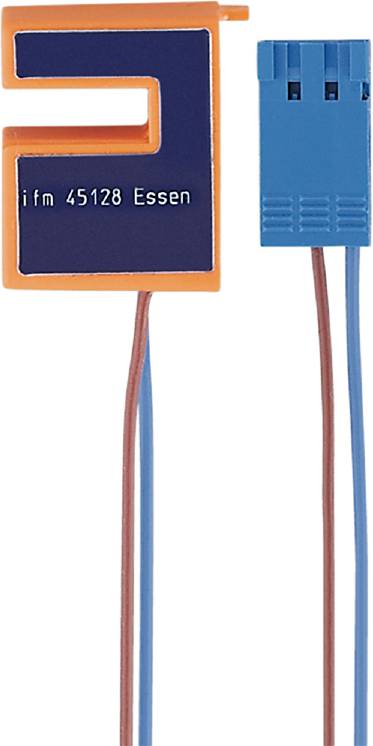 Modra elektronska komponenta z oranžnim okvirjem, na kateri piše 'ifm 45128 Essen'. Ima dva modra in en rjav kabel.