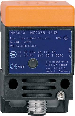 'Elektronska naprava z nalepko: Model NM501A, IP67, primerna za uporabo v nevarnih okoljih. Izdelano v Nemčiji.'