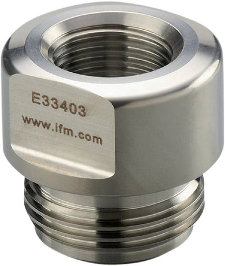 Kovinski povezovalni element z navojem in oznako 'E33403 www.ifm.com'.