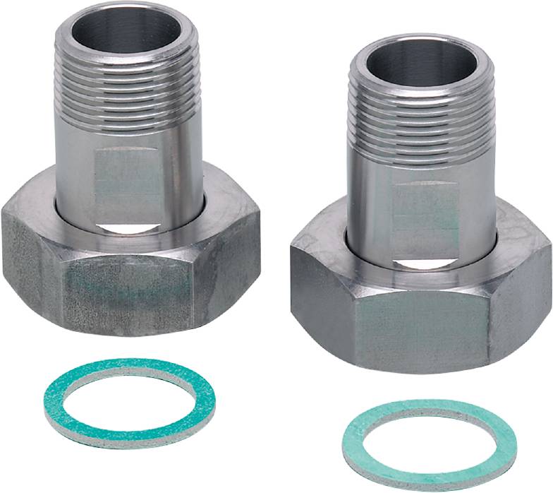 Dva srebrna kovinska adapterja z zunanjim navojem, položena eden poleg drugega. Pred njima ležita dva zelena tesnilna obroča.