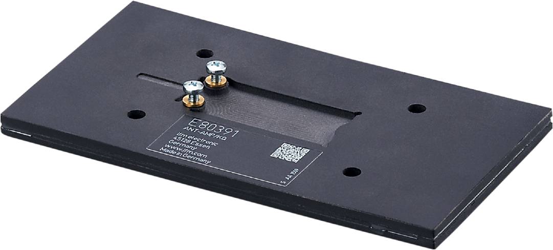 Črna elektronska komponenta z nalepko "E80391", QR-kodo, dvema vijakoma, "Made in Germany" in spletno stranjo.
