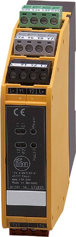 Rumena elektronska naprava z več priključki in oznakami 'L-', 'Y1', 'Y2', 'L+' zgoraj. Prikazuje simbole za električne povezave.