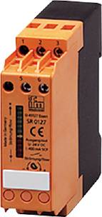 Oranžno varnostno releji znamke IFM z napisom 'SR 0127'. Prikazuje električne priključne sponke in LED-indikatorje.