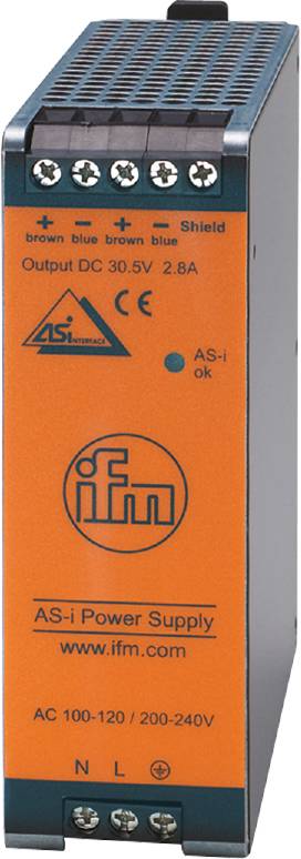 Elektronski sestavni del z oznakami 'AS-i vmesnik' in 'CE'. Logotip 'ifm'. Zaslon prikazuje 'AS-i ok'.